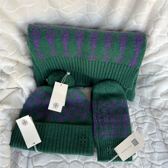 Tory Burch Accessories - Tory Burch Merino Fair Isle Collection Scarf, Mittens & Hat Dark Ceramic Green